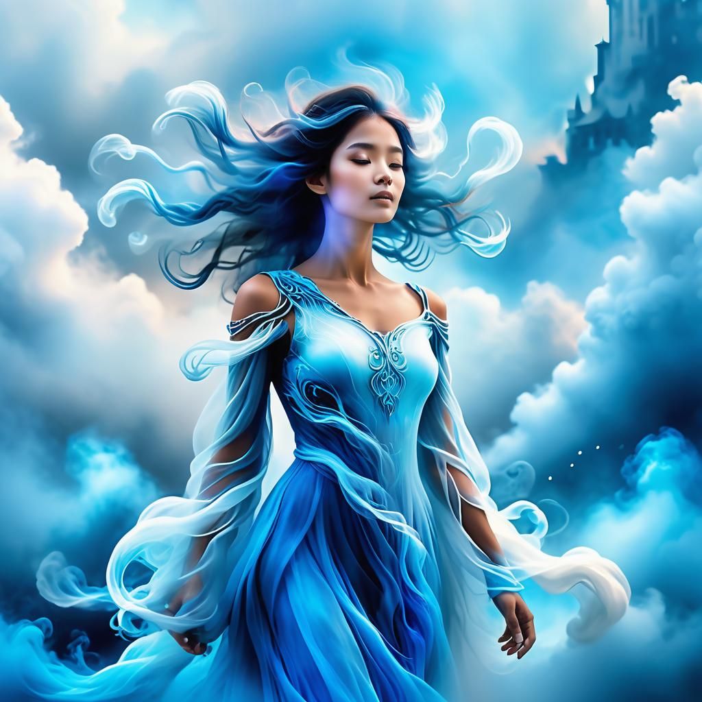 Air Elemental Woman in Whimsical Cloud Cityscape