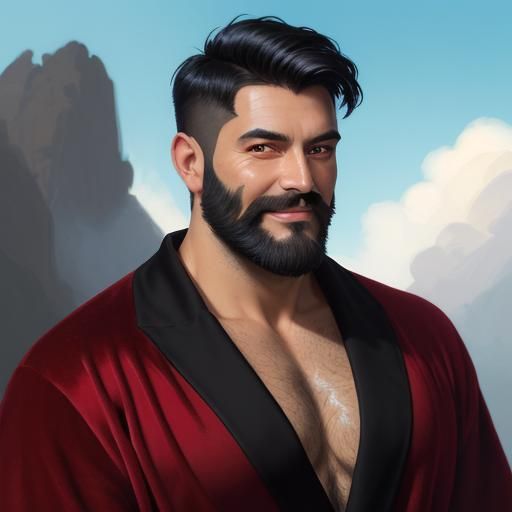Smiling Hirsute Man in Red Velvet Bathrobe, Impasto Style