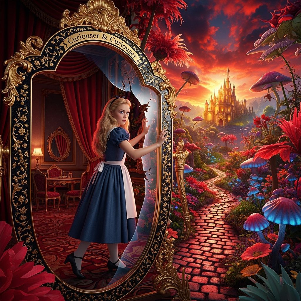 Alice Steps Through Ornate Looking Glass Into Fantastical Wo...