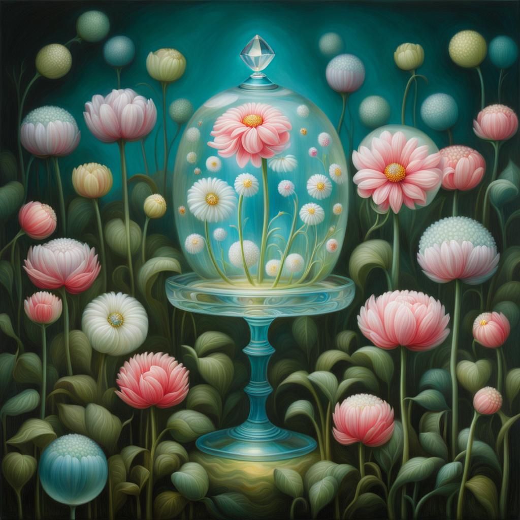 Ethereal Flowers with Diamond Pattern, in Glass Painting Sty...