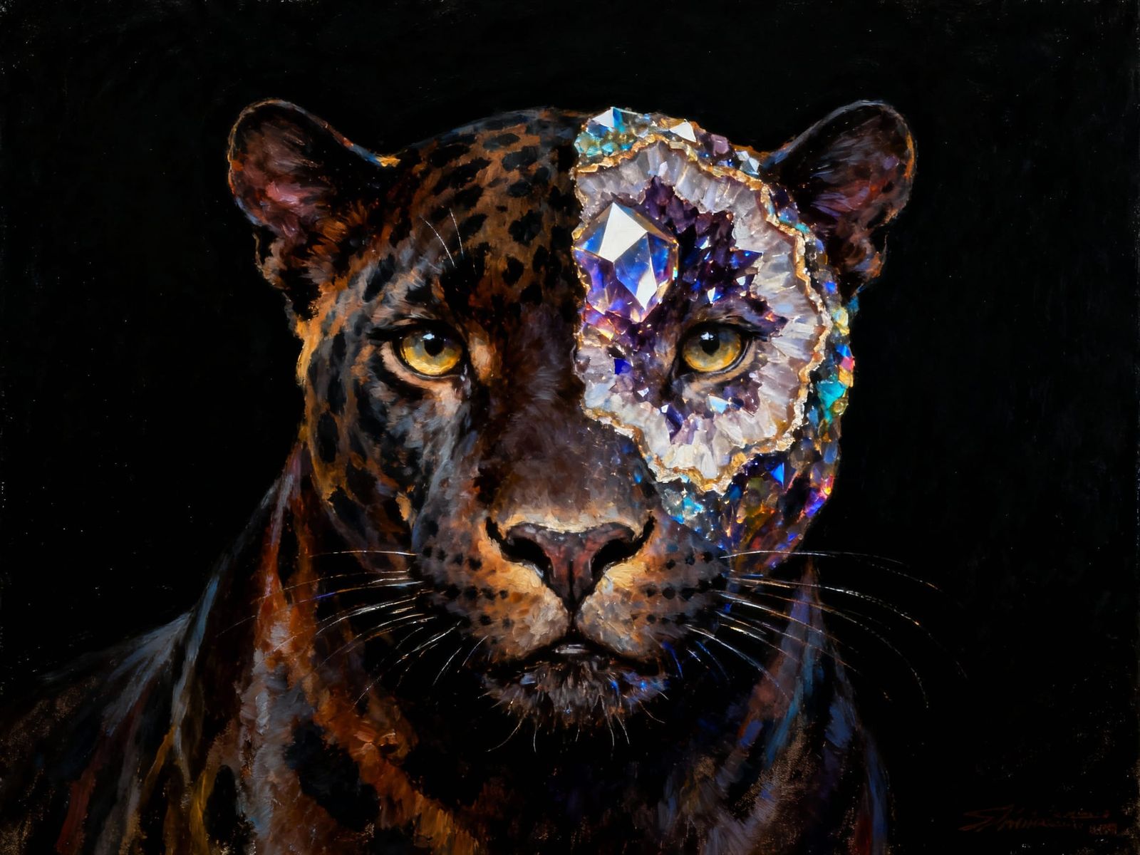 Panther with Geode Head: Detailed Oil Painting