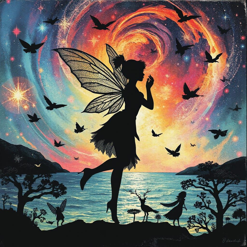 Fairy Against Maximalist Cosmic Galaxy Backdrop