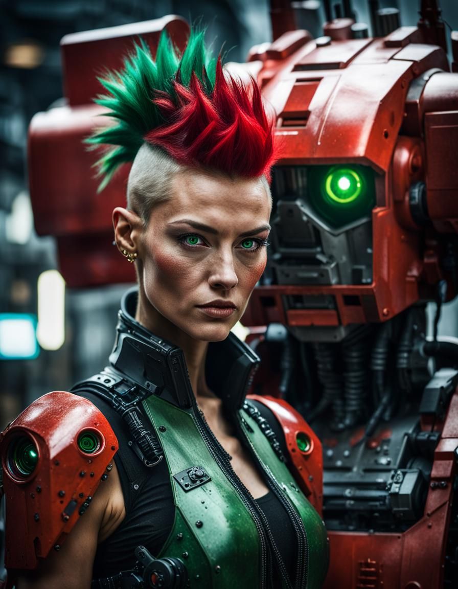 Cyberpunk Girl Meets Robot in Ambient Light