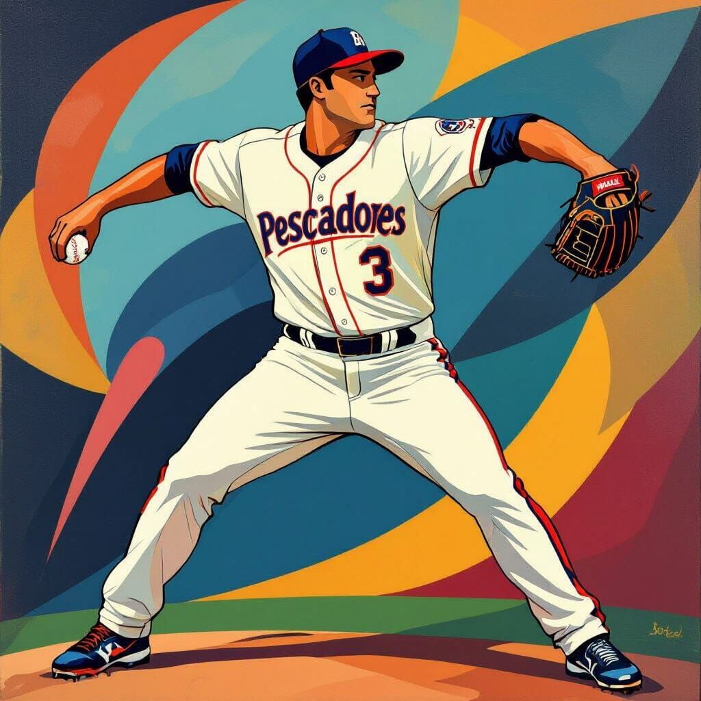Baseball Player in Action, Inspired by Latin American Art