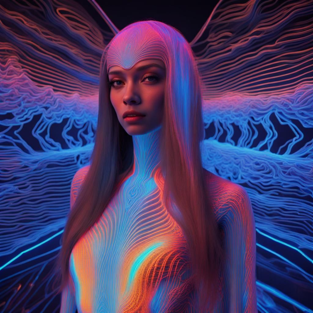 Holographic Woman in Neon Psychedelic Landscape