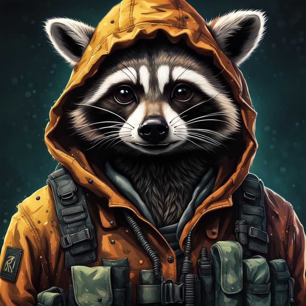 Raccoon in Black Hoodie with Tactical Gear
