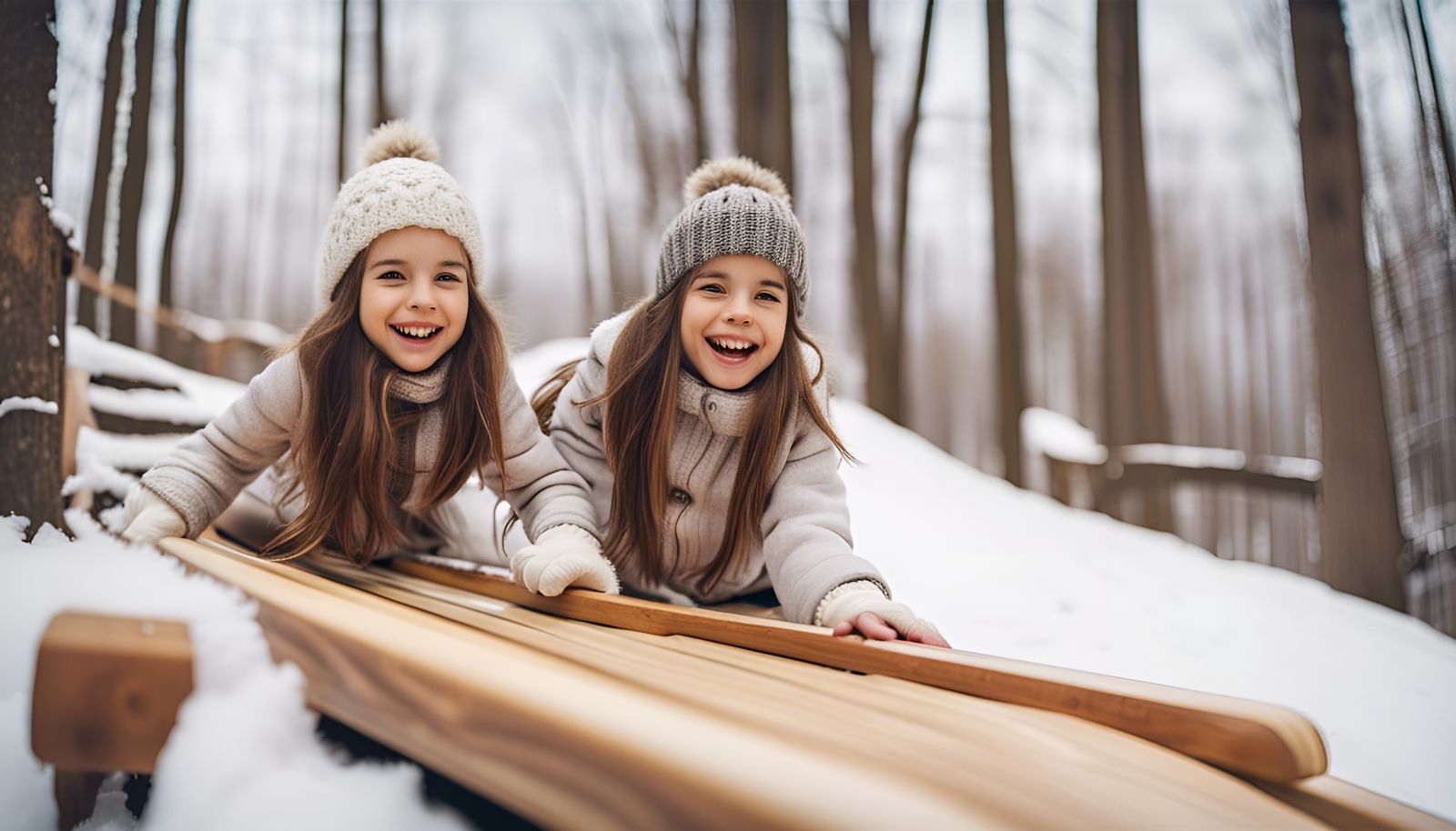 Girls Sledding Downhill in Snowy Winter Woods