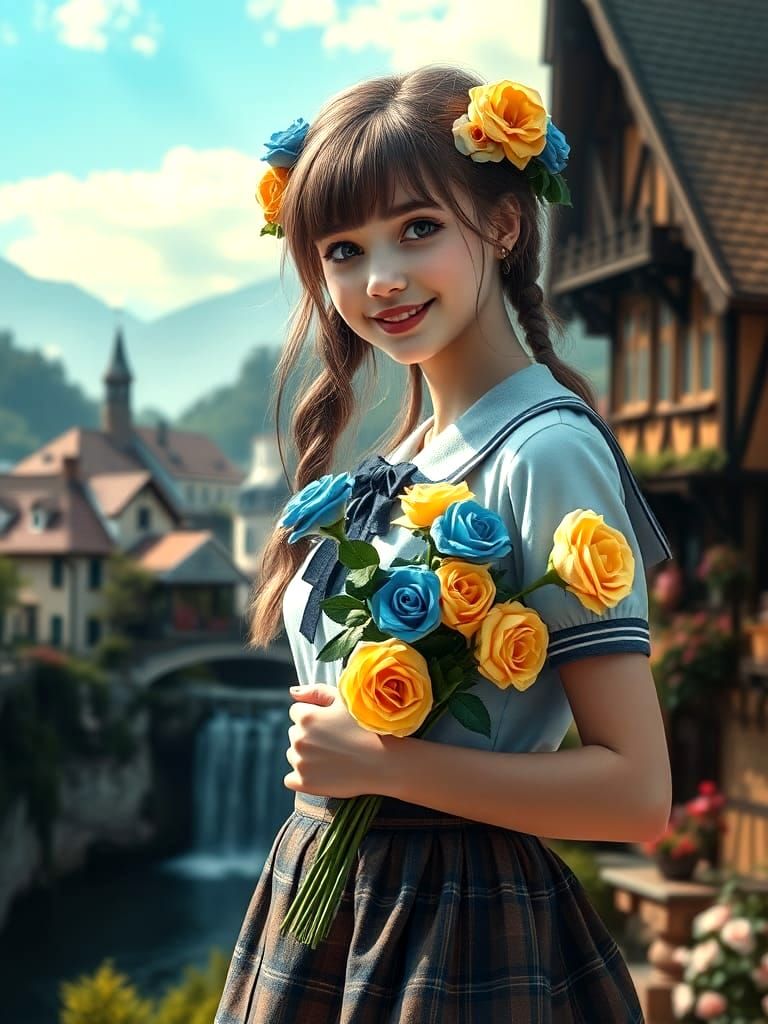 Ukrainian schoolgirl with yellow and blue flowers
