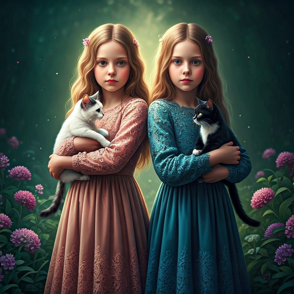 Girls with Cats in a Dreamlike Landscape