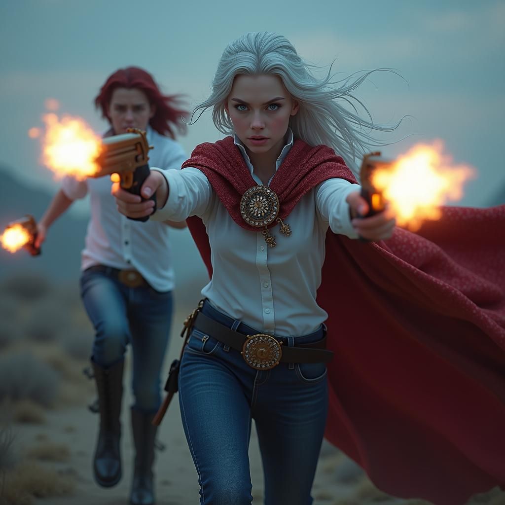Twilight Duel: Woman with Revolvers in Dark Fantasy Style