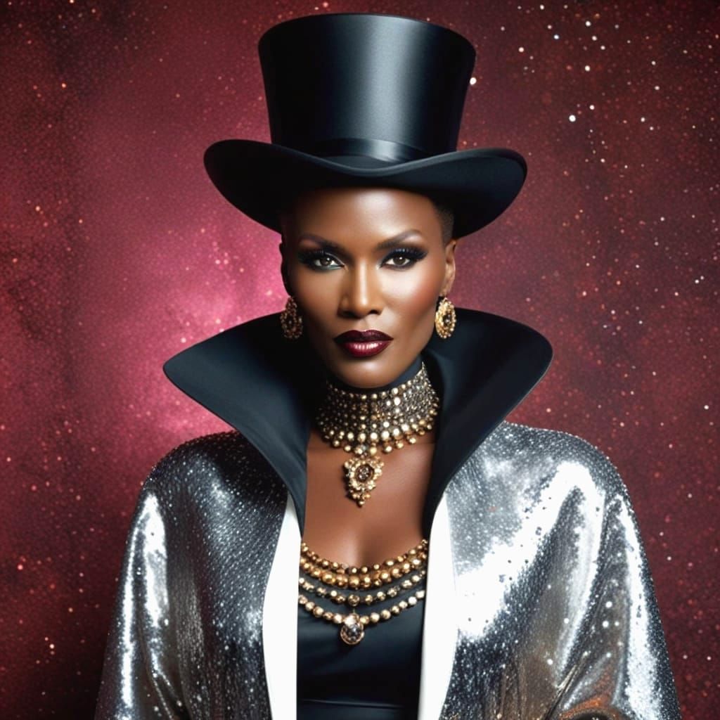 Elegant Grace Jones in Bokeh Art Gallery Setting