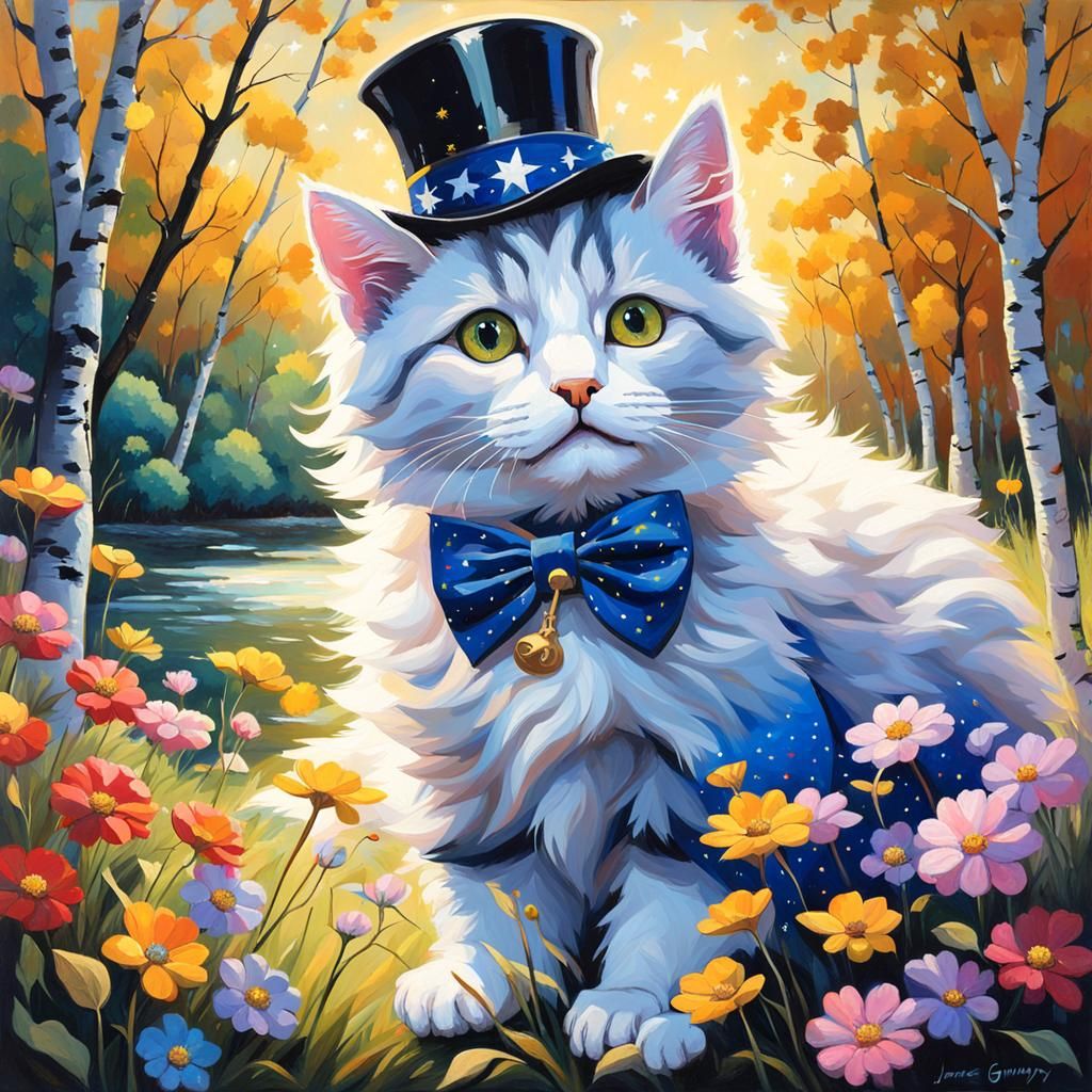 Cute Kitten in Starry Meadow Oil Painting