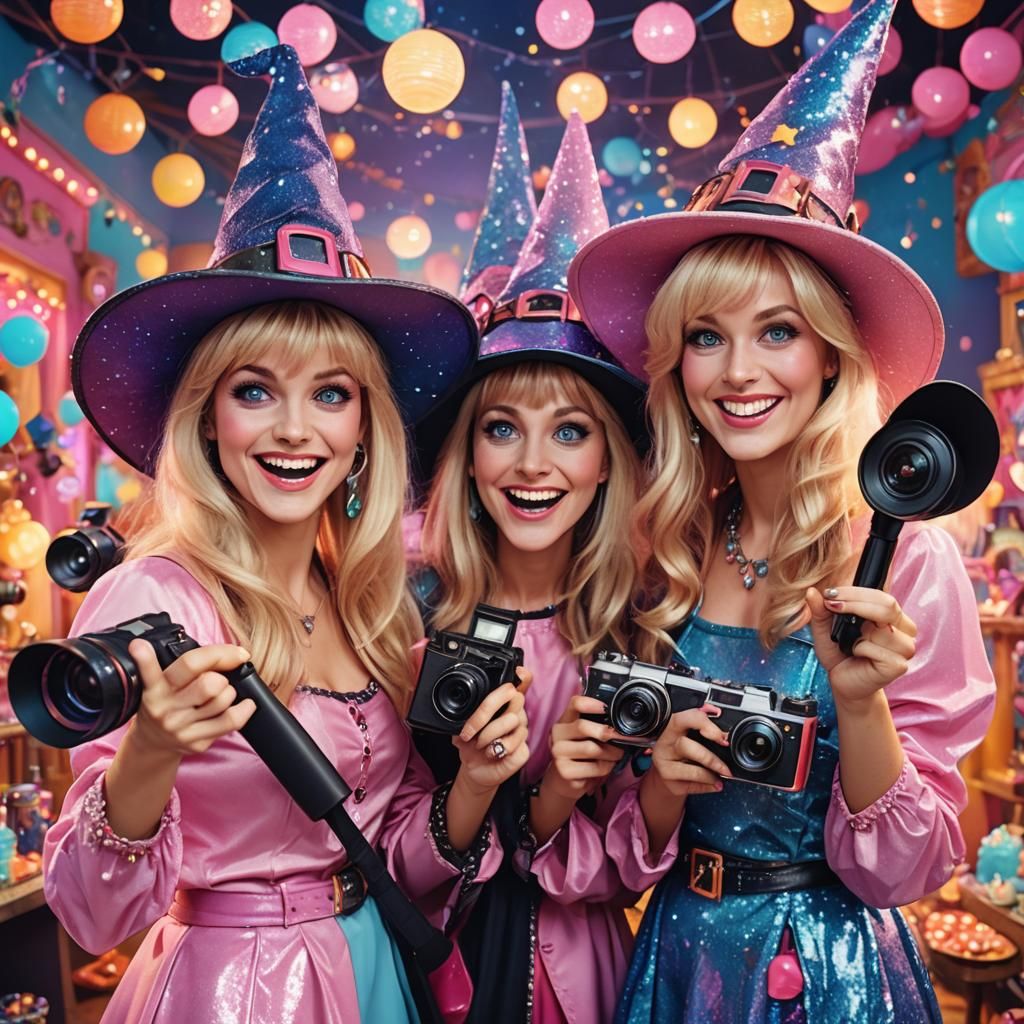 Cheerful Blonde Witches in 80s Cartoon Style