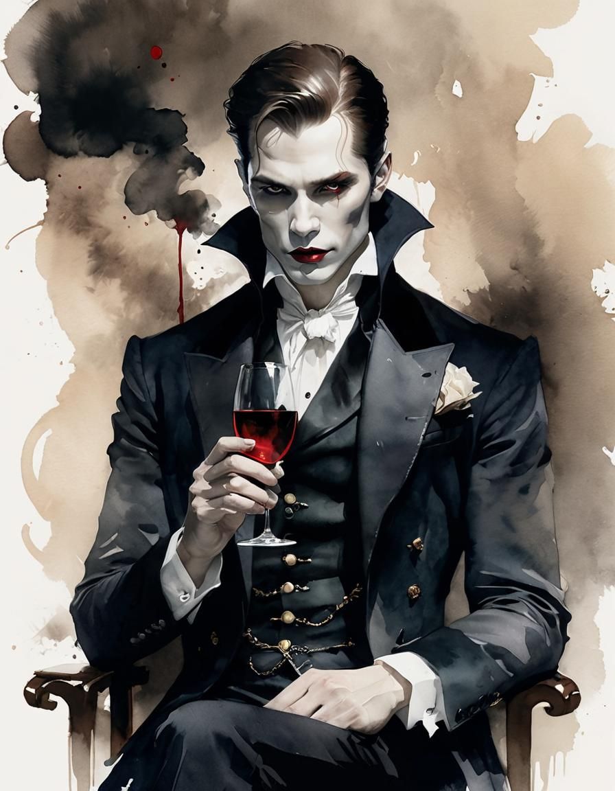 Vampire with Wine: A Grimdark Watercolor Portrait