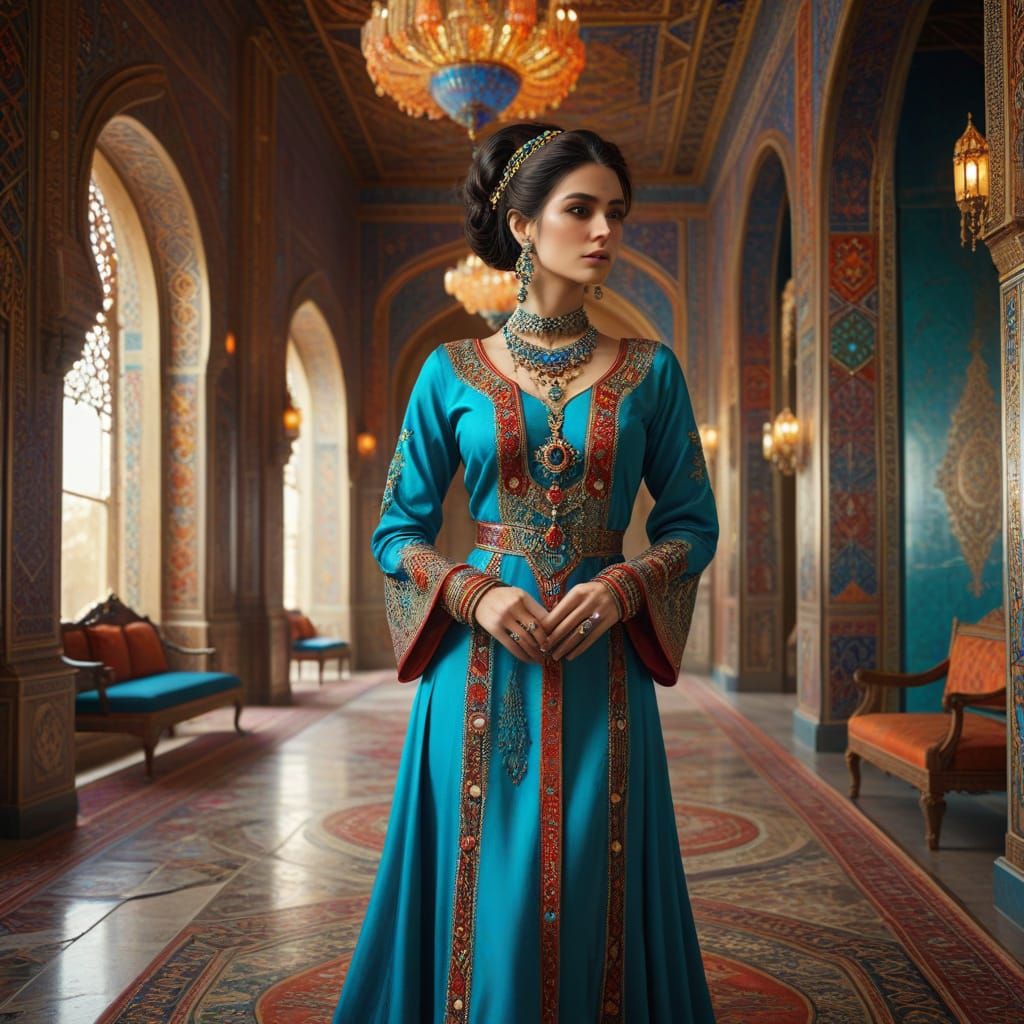 Beautiful Woman in Persian Palace, Futuristic Jewelry