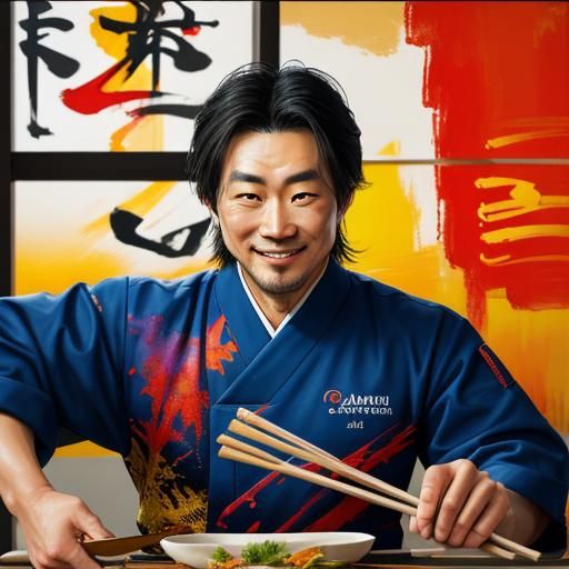 Smiling Sushi Chef in Vibrant Oil Painting Style
