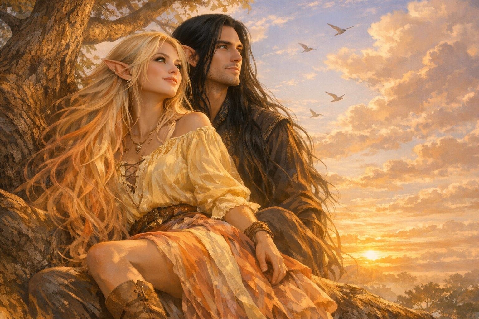Fantasy Elven Couple in Tree at Sunrise