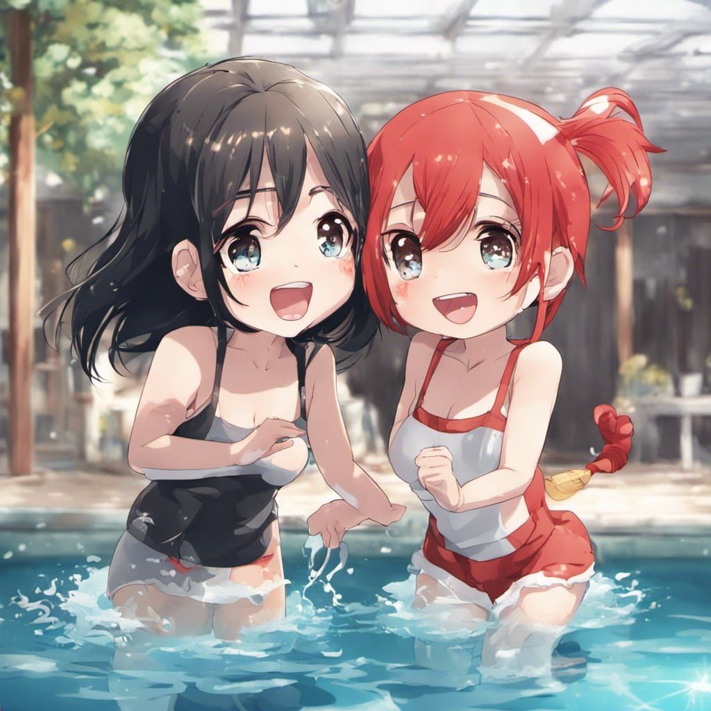 Chibi Girls Play in Pool: Anime Style