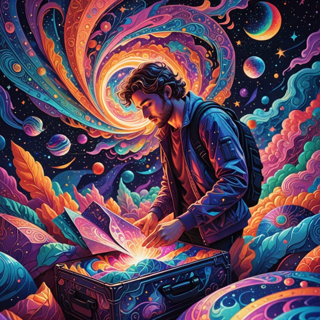 Cosmic Illustration of Person Packing Bags in Astral Art