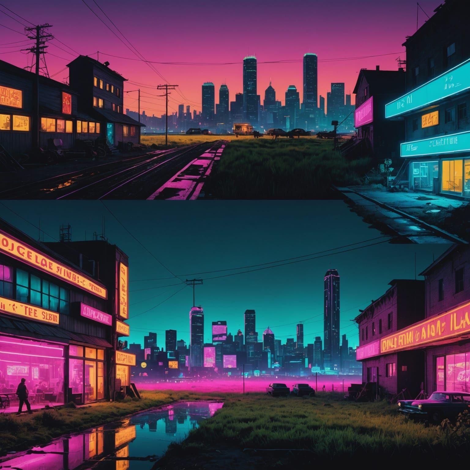 Vibrant Farm Meets Cyberpunk City Split Screen