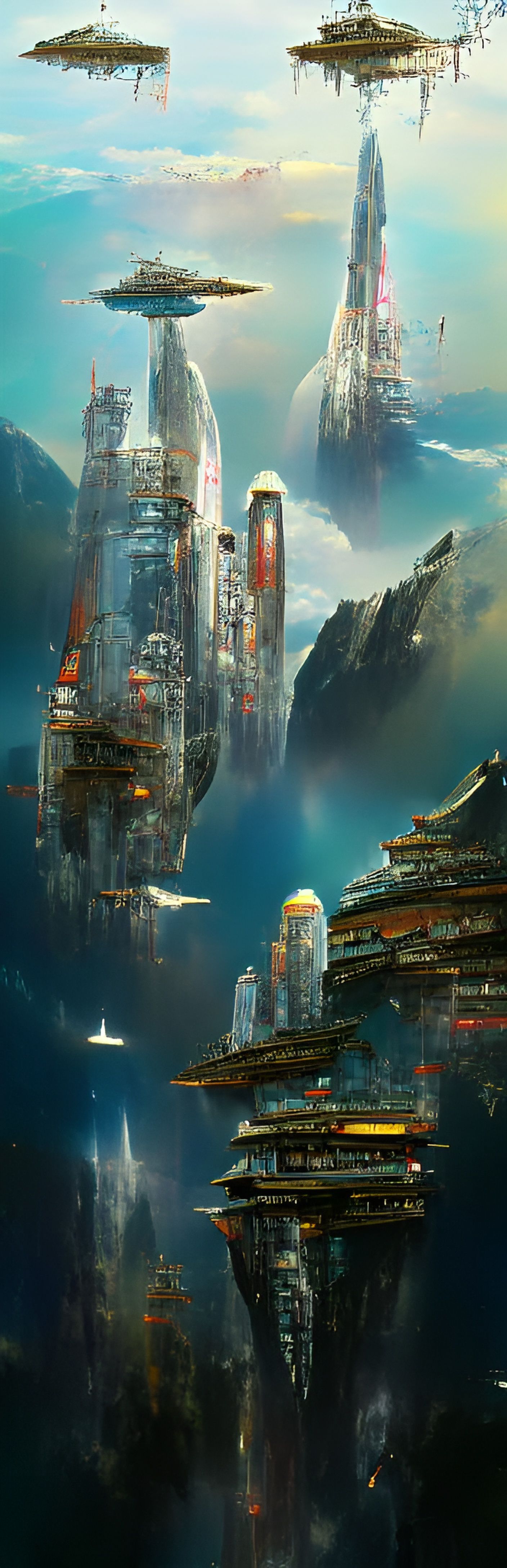 Cyberpunk Japanese Ruins in Space with Flying Ships
