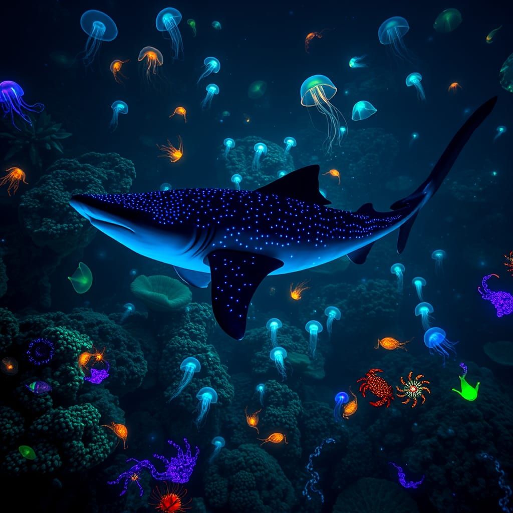 Whale Shark Glides Through Bioluminescent Coral Reef