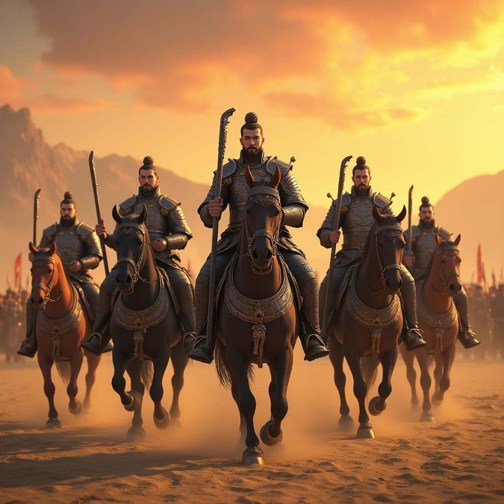 Ancient Chinese Generals Stand Resolute on Warhorses in Epic...