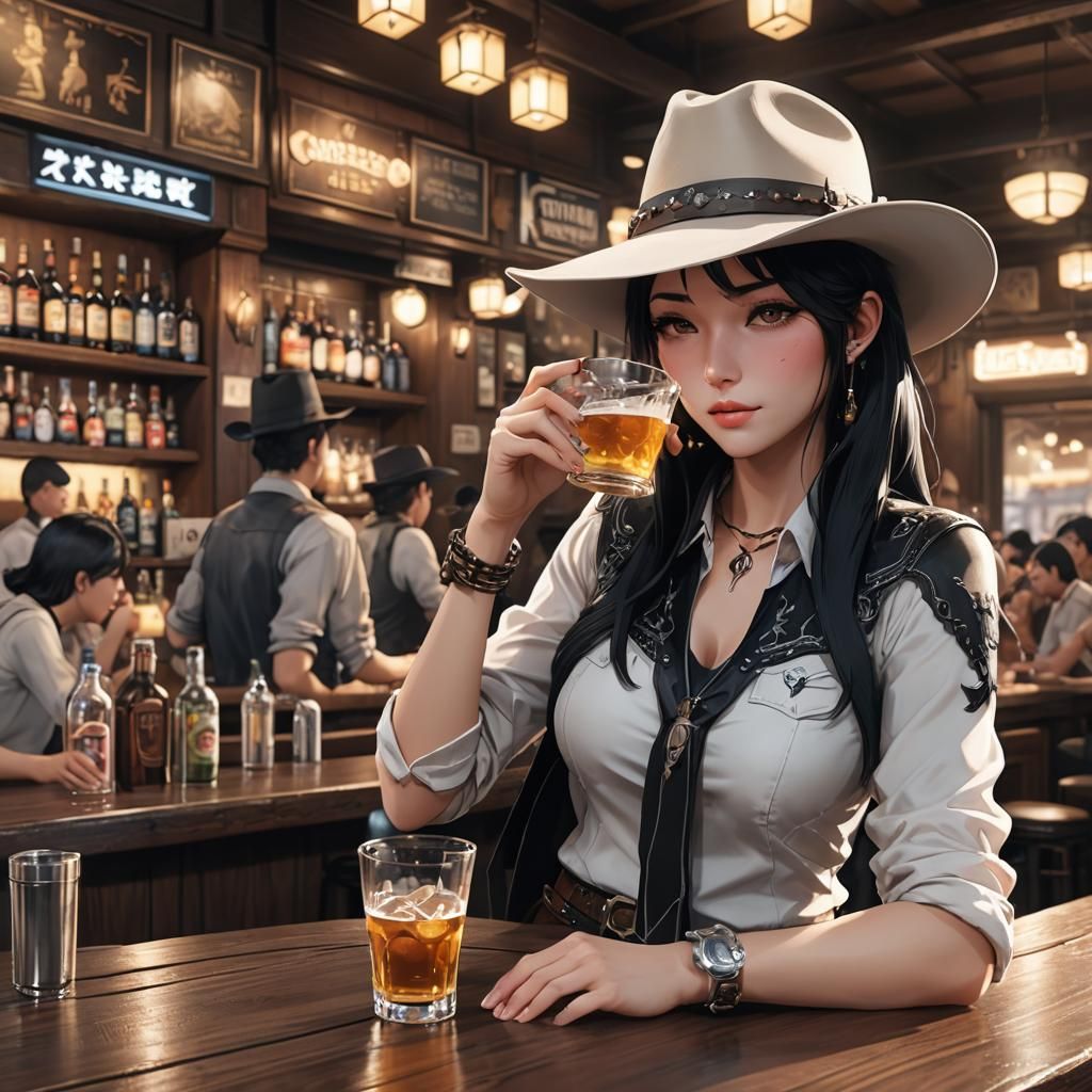Cowgirl Drinking at Bar in 3D Anime Style