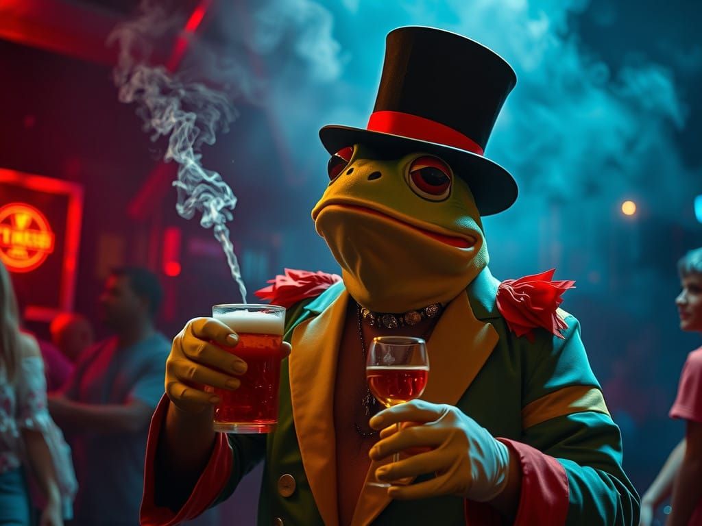 Surreal Hippie Party Scene with a Gay Frog Mascot in a Top H...