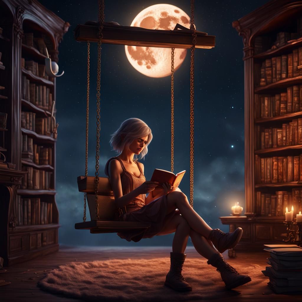 a girl sitting on moon swing under night sky reading a frict...