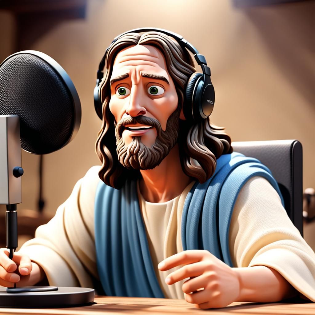 Cartoon Jesus Hosts a Podcast in CGI