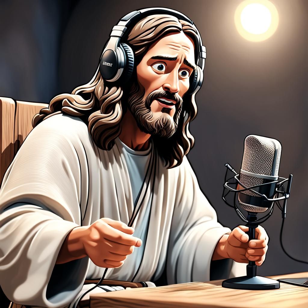 Cartoon Jesus Hosting a Podcast in CGI