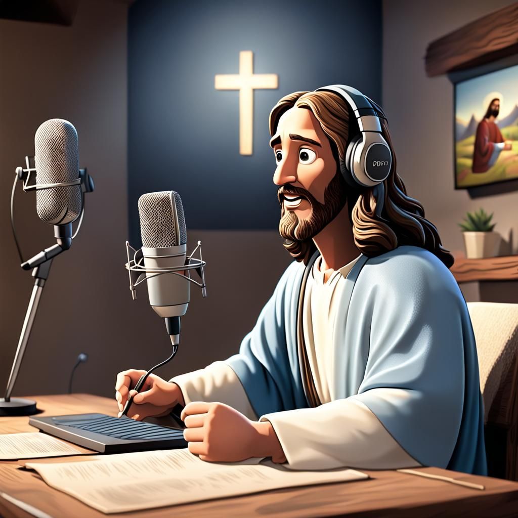 Cartoon Jesus Hosts a Podcast in CGI