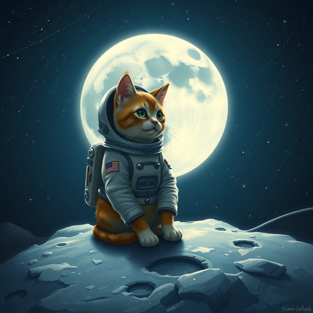 Cat Astronaut on Moon in Sci-Fi Style
