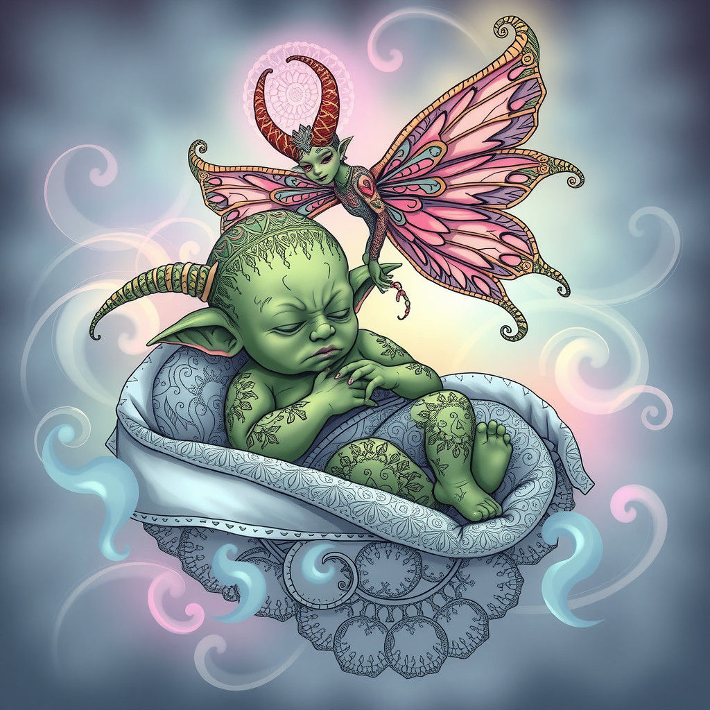 Orc Infant with Fairy in Ethereal Fantasy Art