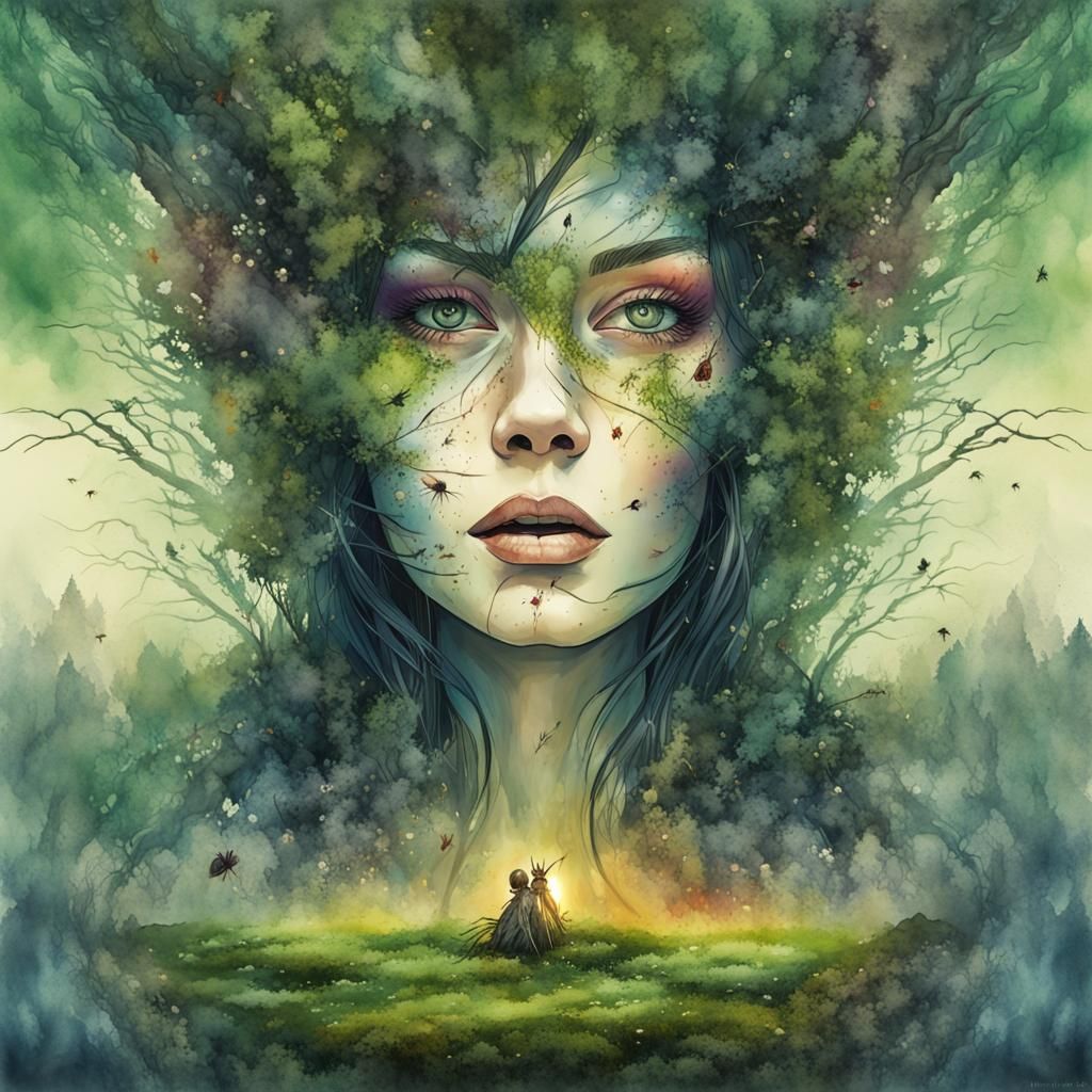 Enchantress in Disintegrating Double Exposure Watercolor