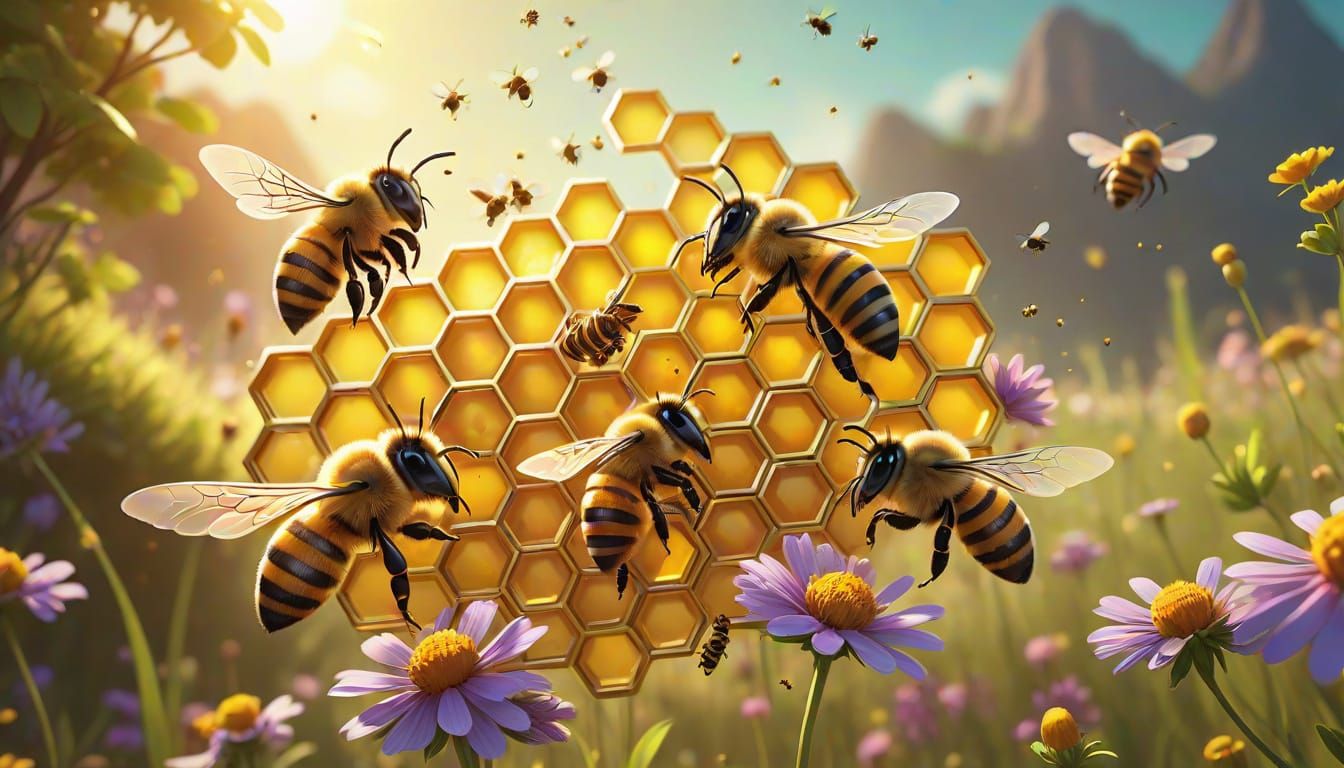 Bees in Sunny Meadow with Glowing Honeycombs