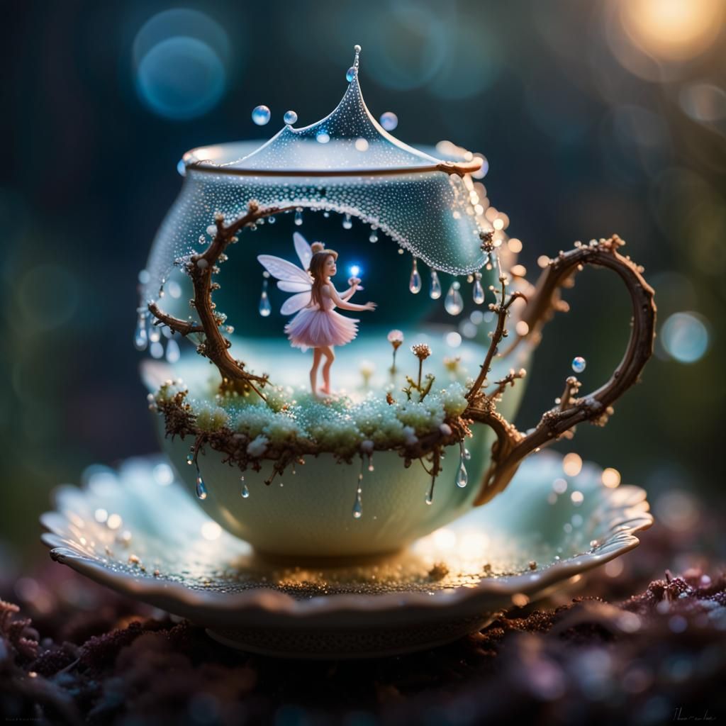 Fairy in Teacup: Bioluminescent Dewdrop Forest