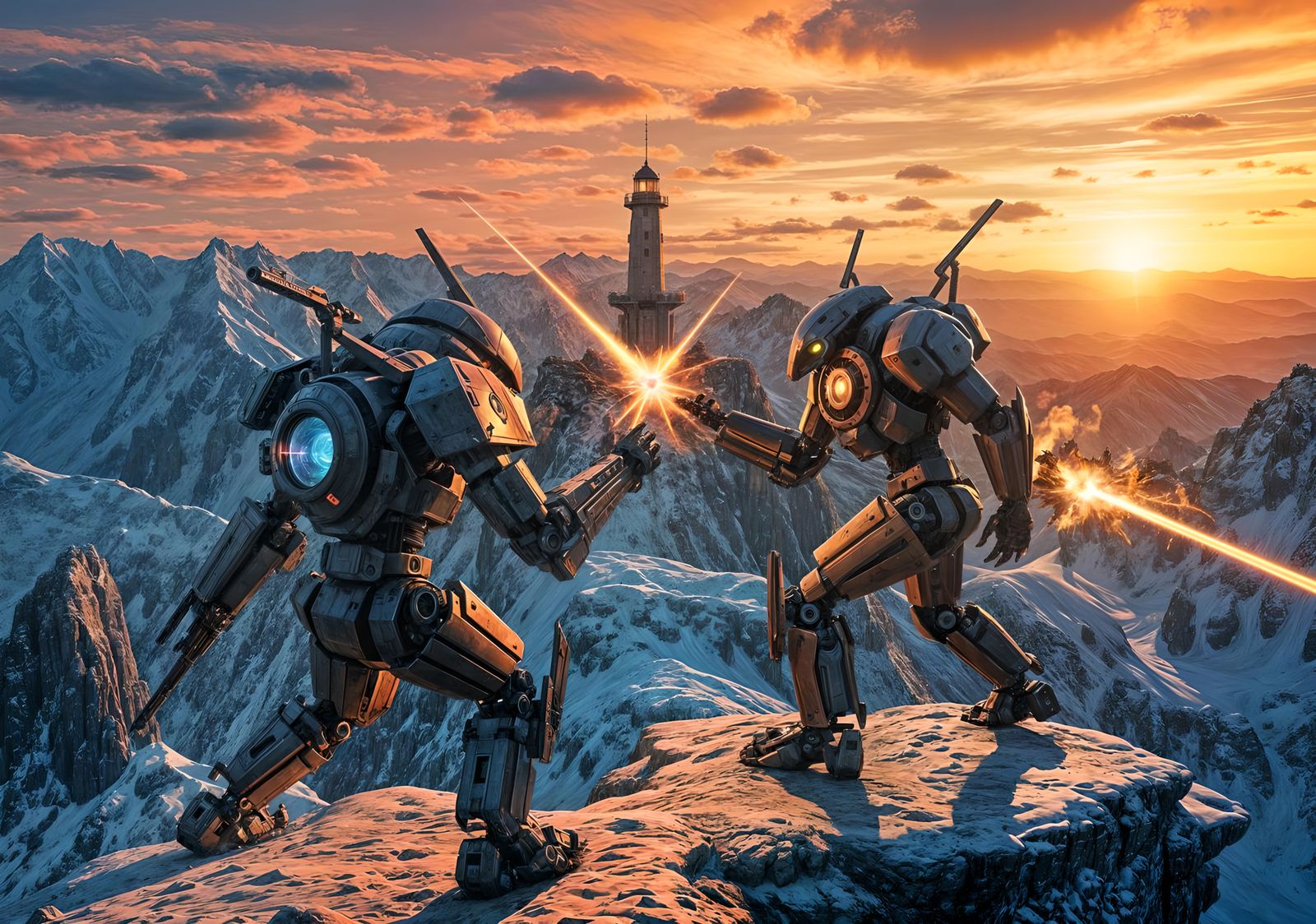 Intense Laser-Flaring Mecha Duel on Alien Planet