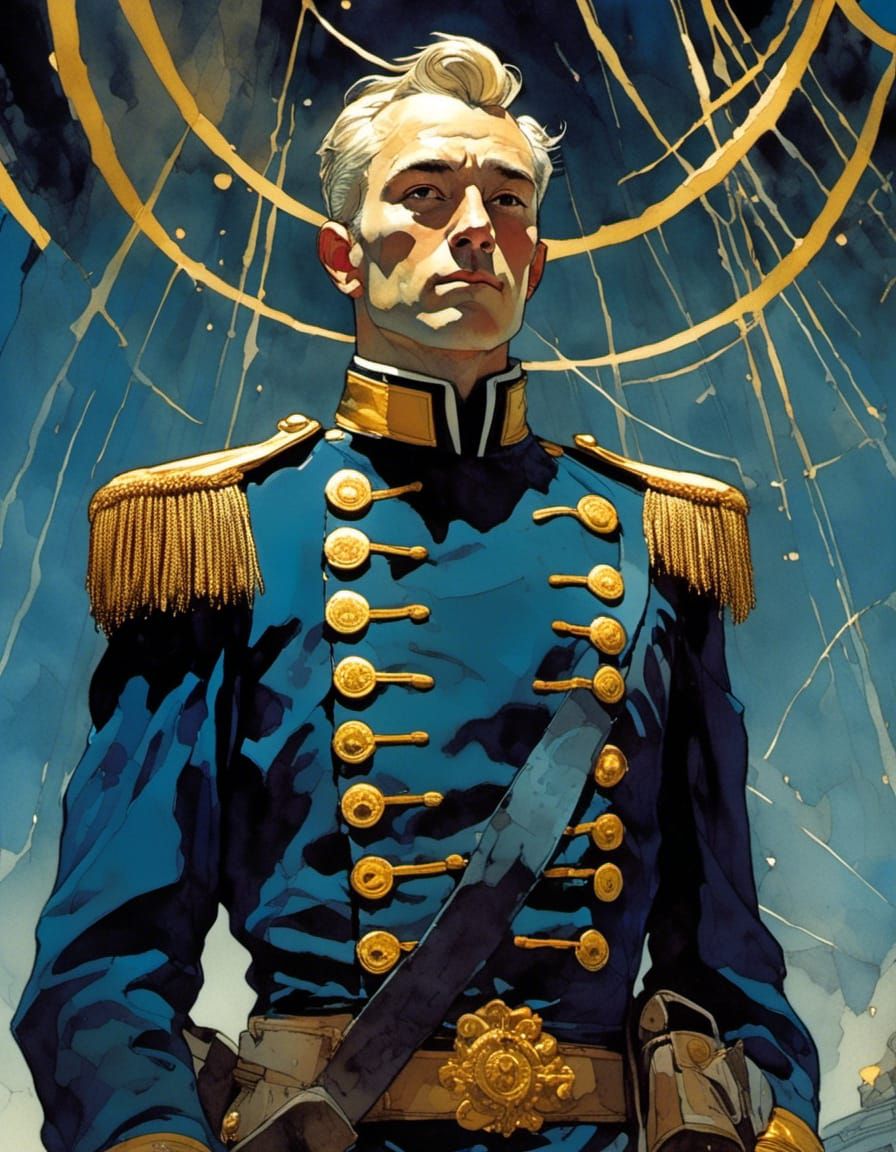 Moebius-Style Officer in Ethereal Art Deco Setting