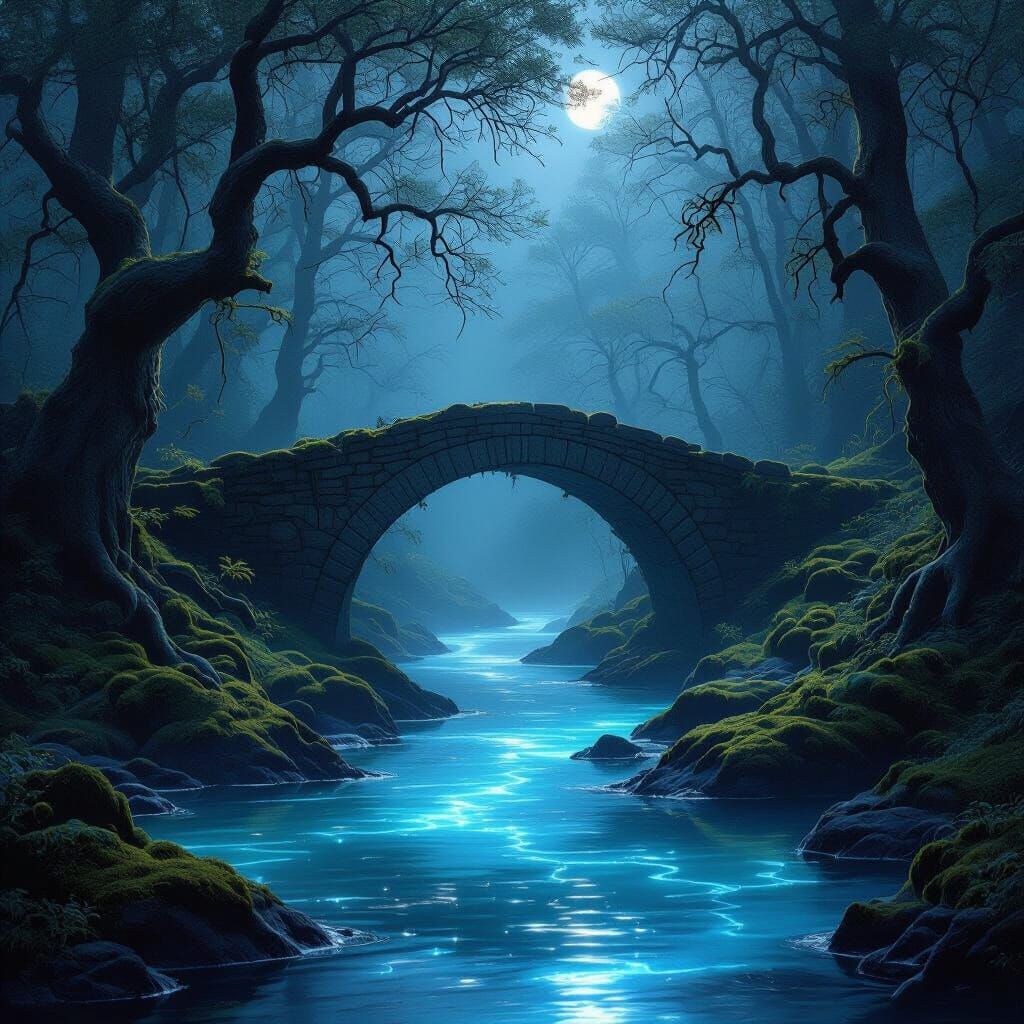 Ancient Stone Bridge Over Bioluminescent River in Ethereal F...