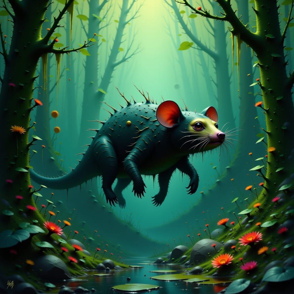 Mythical Water Opossum in Murky Waters as Digital Art