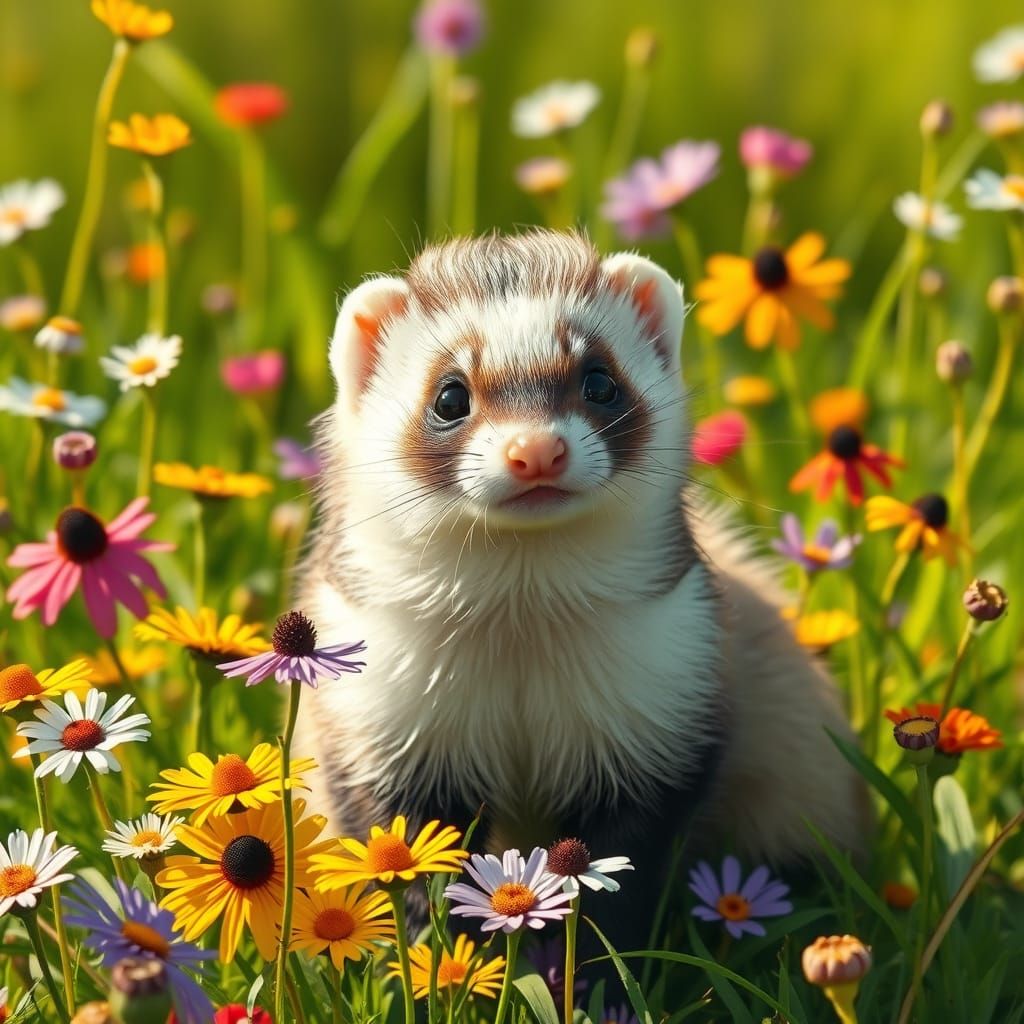 Ferret in Whimsical Wildflower Meadow