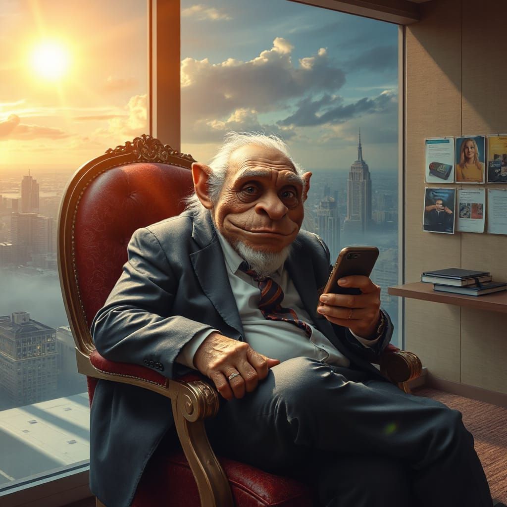 Wise Troll CEO in Megapolis Office: Hyperrealistic Art