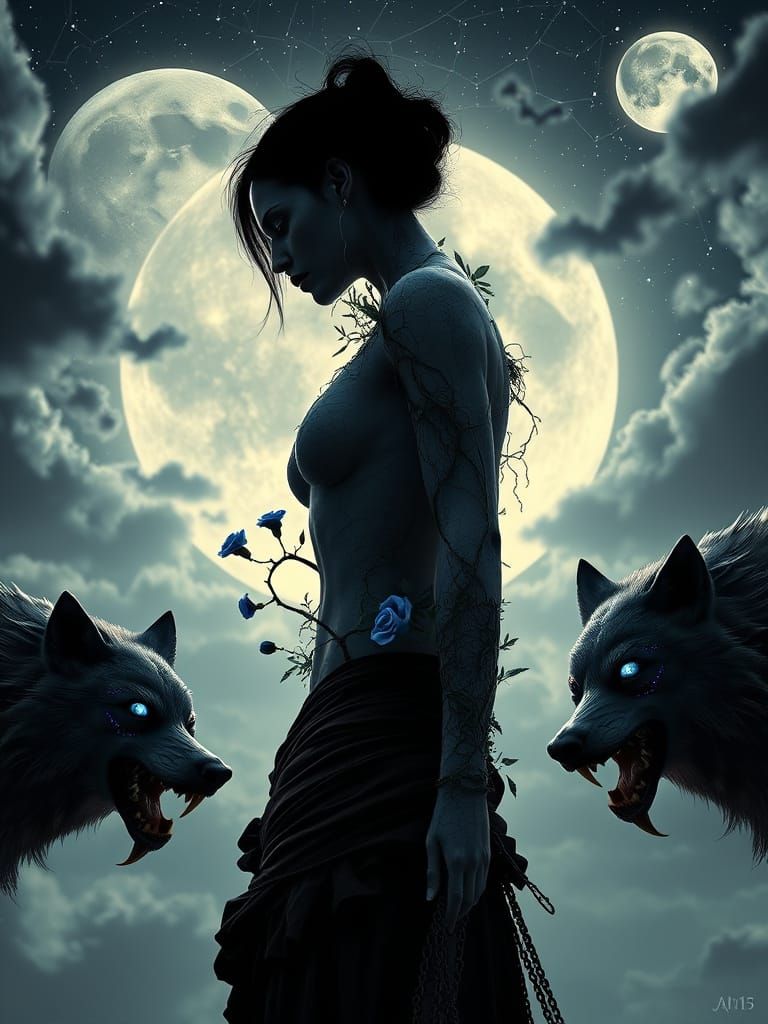 Biomechanical Woman with Wolves: 3D Render