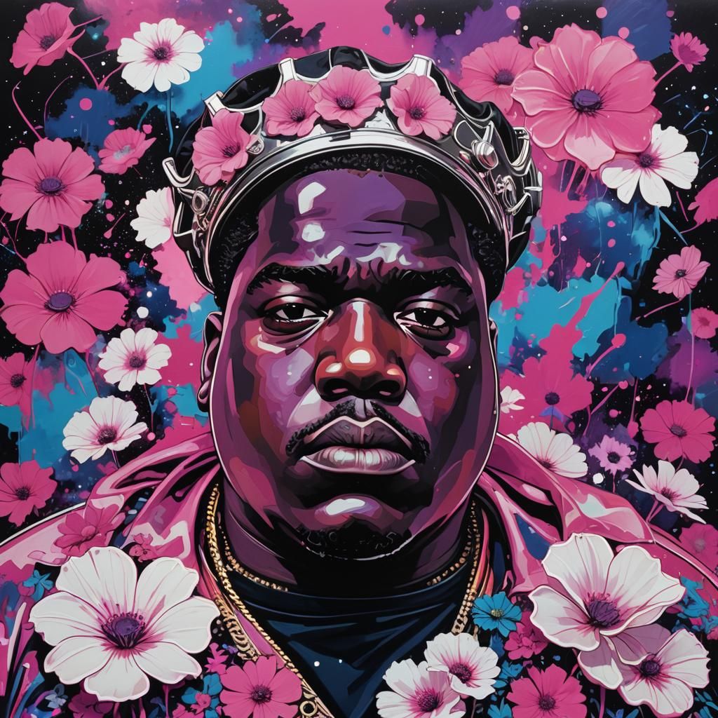 Biggie Smalls Portrait in Cyberpunk Floral Galaxy