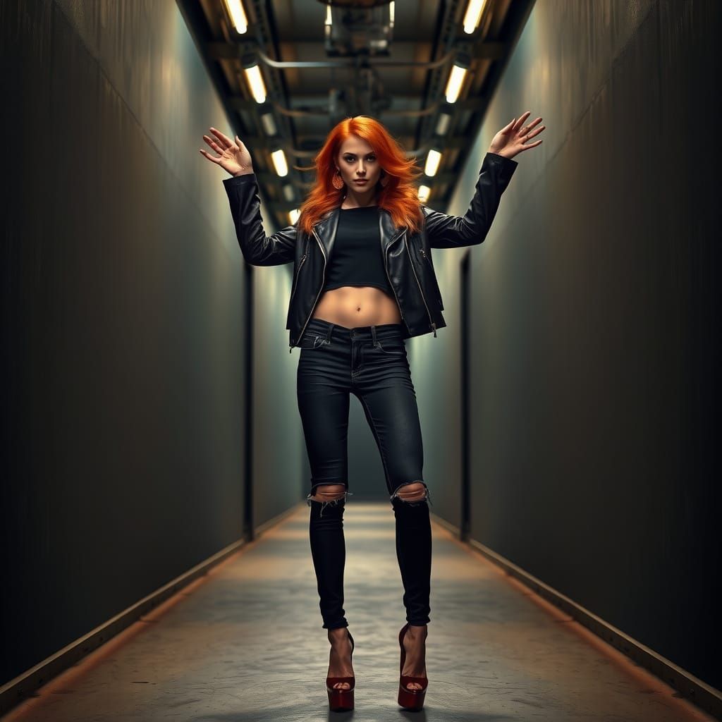 Edgy Urban Chic Fashion Model in Moody Hallway
