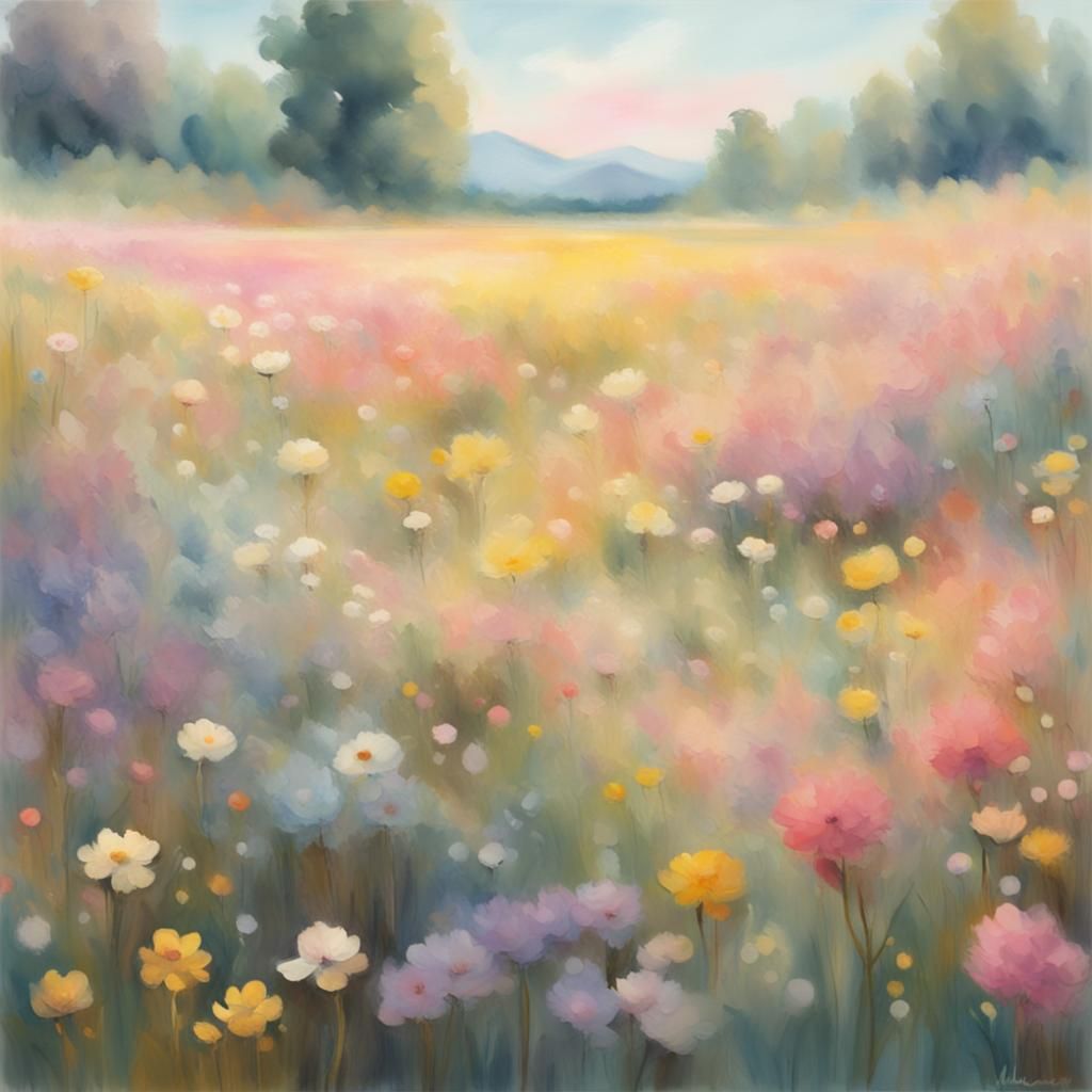 Pastel Flower Meadow in Gouache Watercolor Style