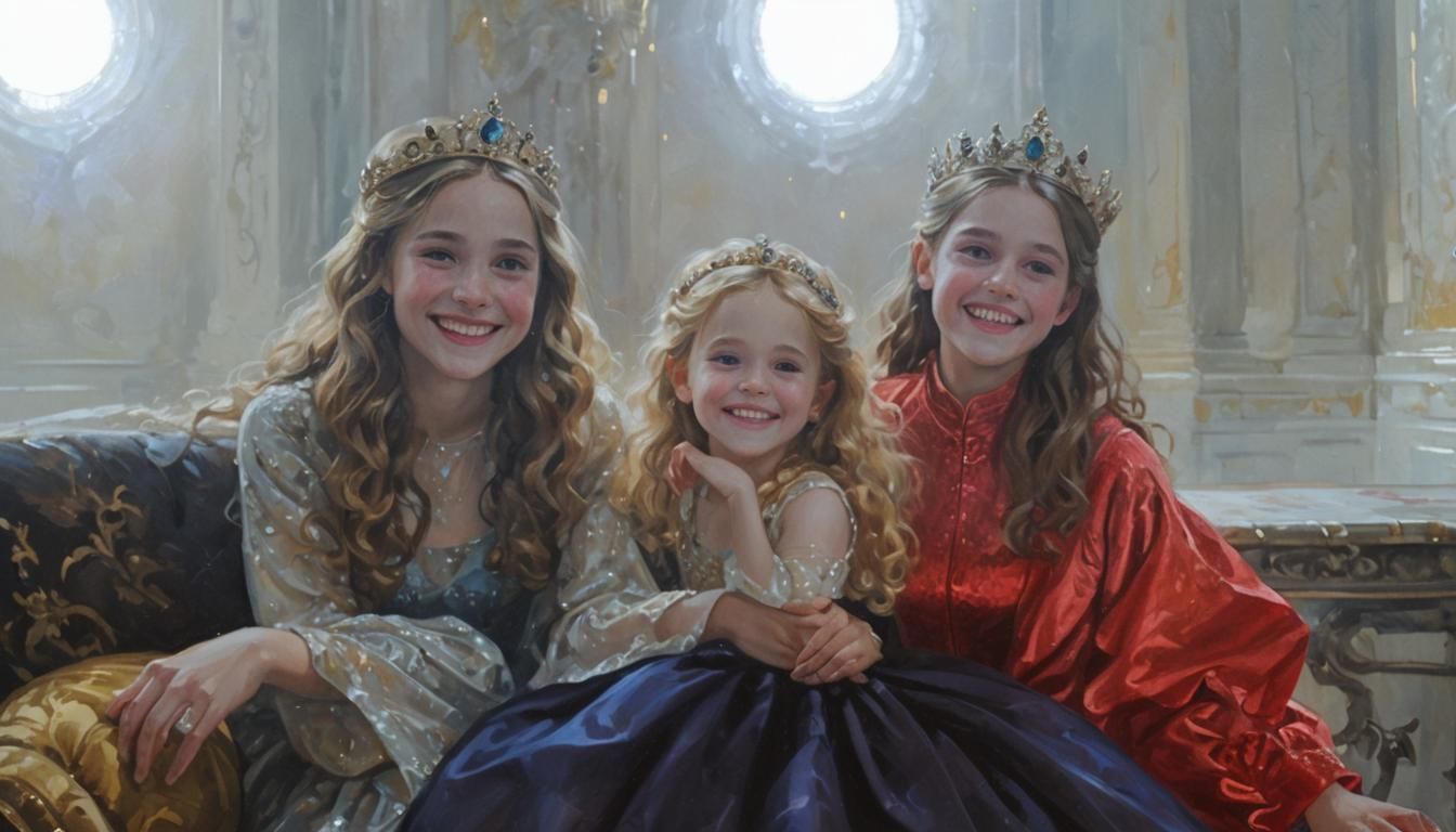 Opulent Throne Room: Two Princesses in Oil Painting