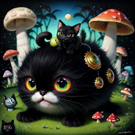 Chibi Black Cats in Surreal Mushroom Landscape